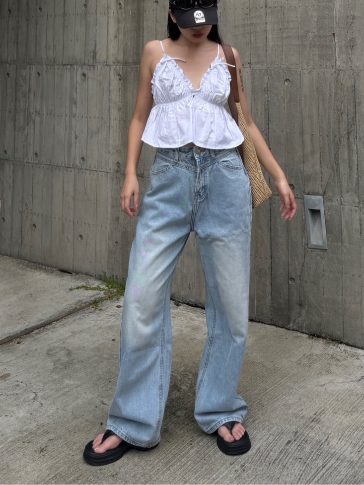 復古V字高腰直筒牛仔褲(2色)