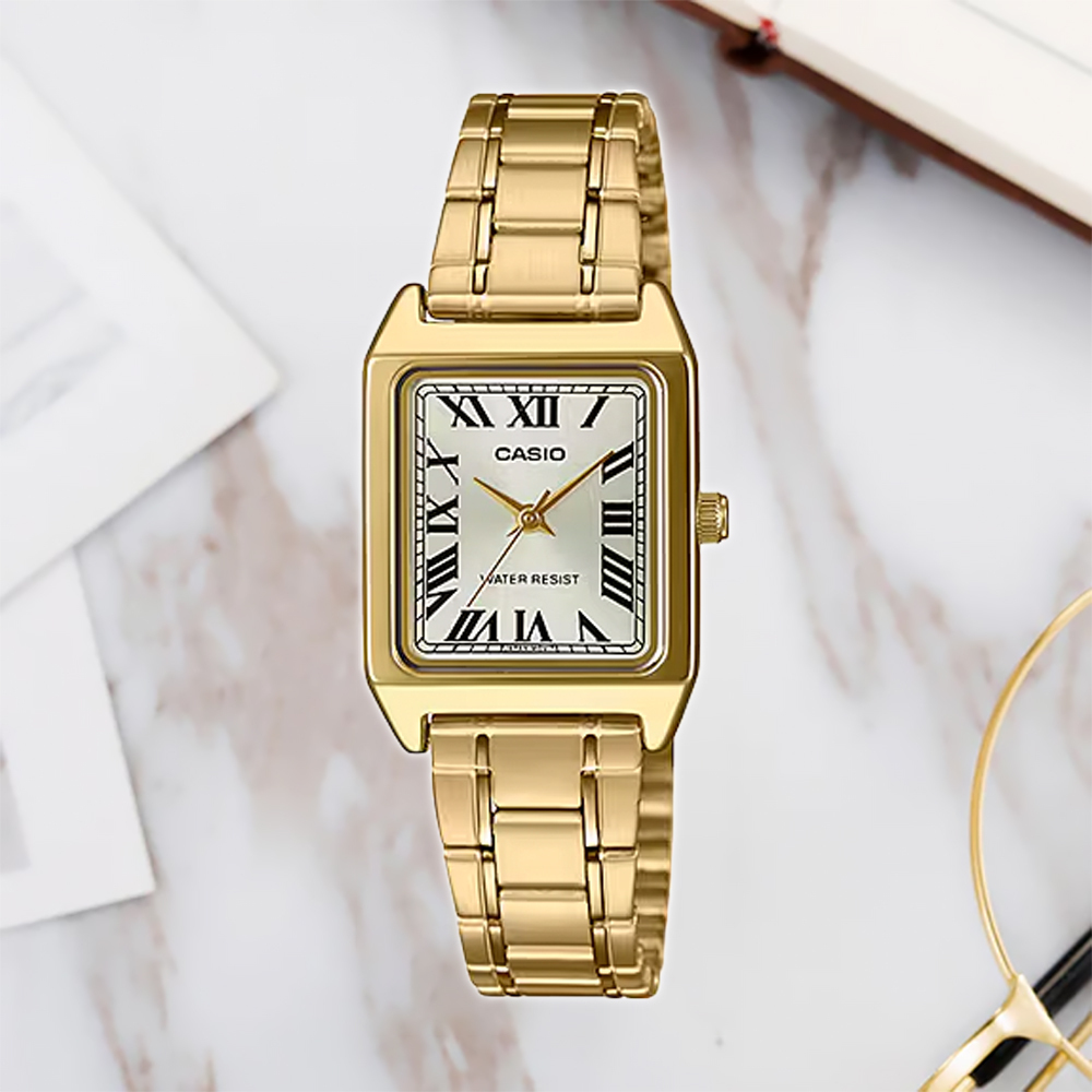 【CASIO 卡西歐】 LTP-V007G-9B 經典方形 纖薄舒適 易讀顯示 羅馬數字 金色 指針錶 手錶
