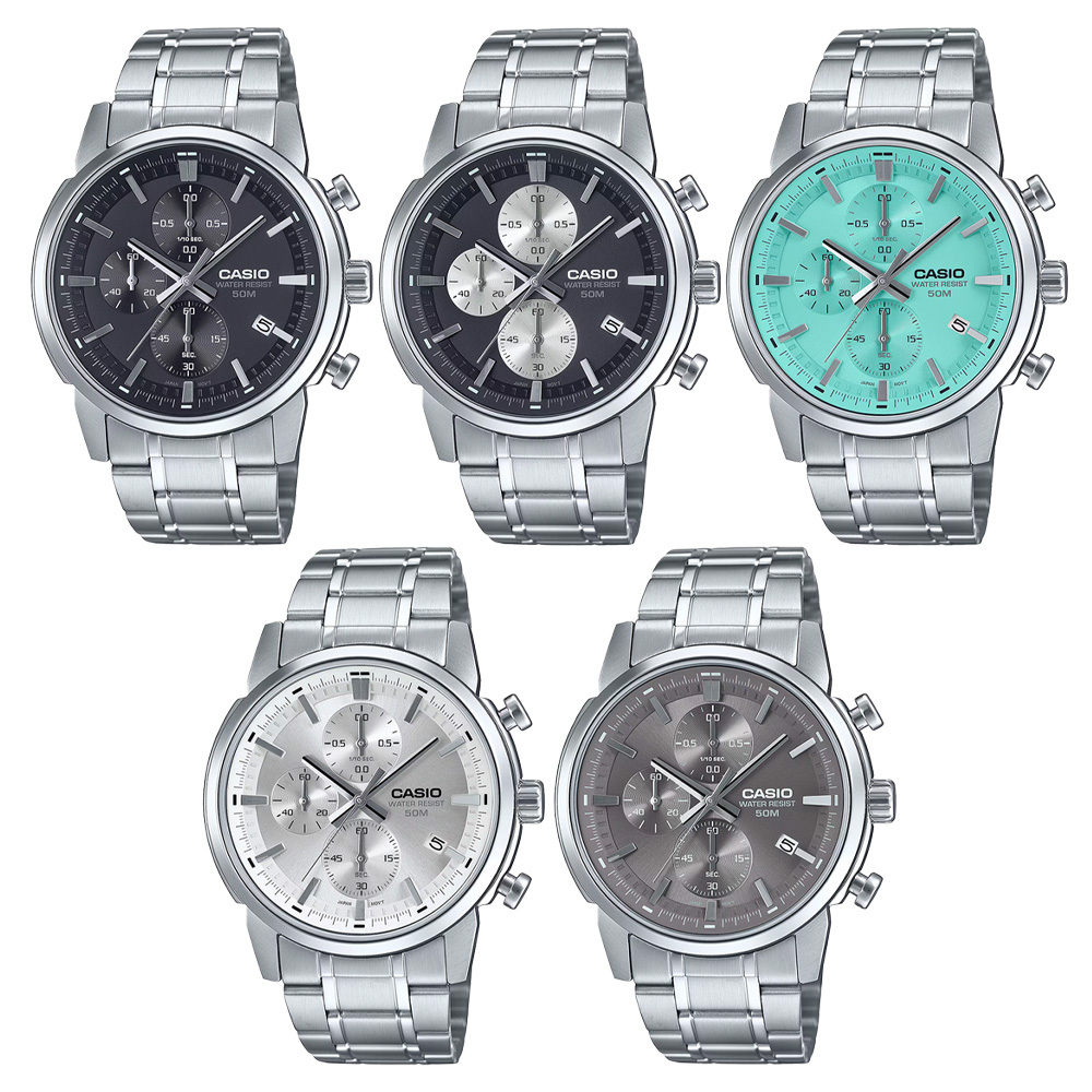 【CASIO 卡西歐】MTP-E510D 熊貓 宇宙計型 三眼 個性金屬 日系歐風 無字錶盤計時碼錶 日期 不鏽鋼錶