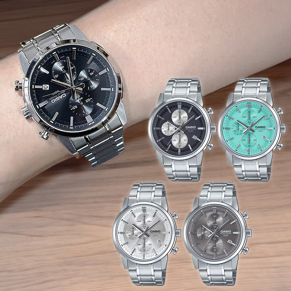 【CASIO 卡西歐】MTP-E510D 熊貓 宇宙計型 三眼 個性金屬 日系歐風 無字錶盤計時碼錶 日期 不鏽鋼錶