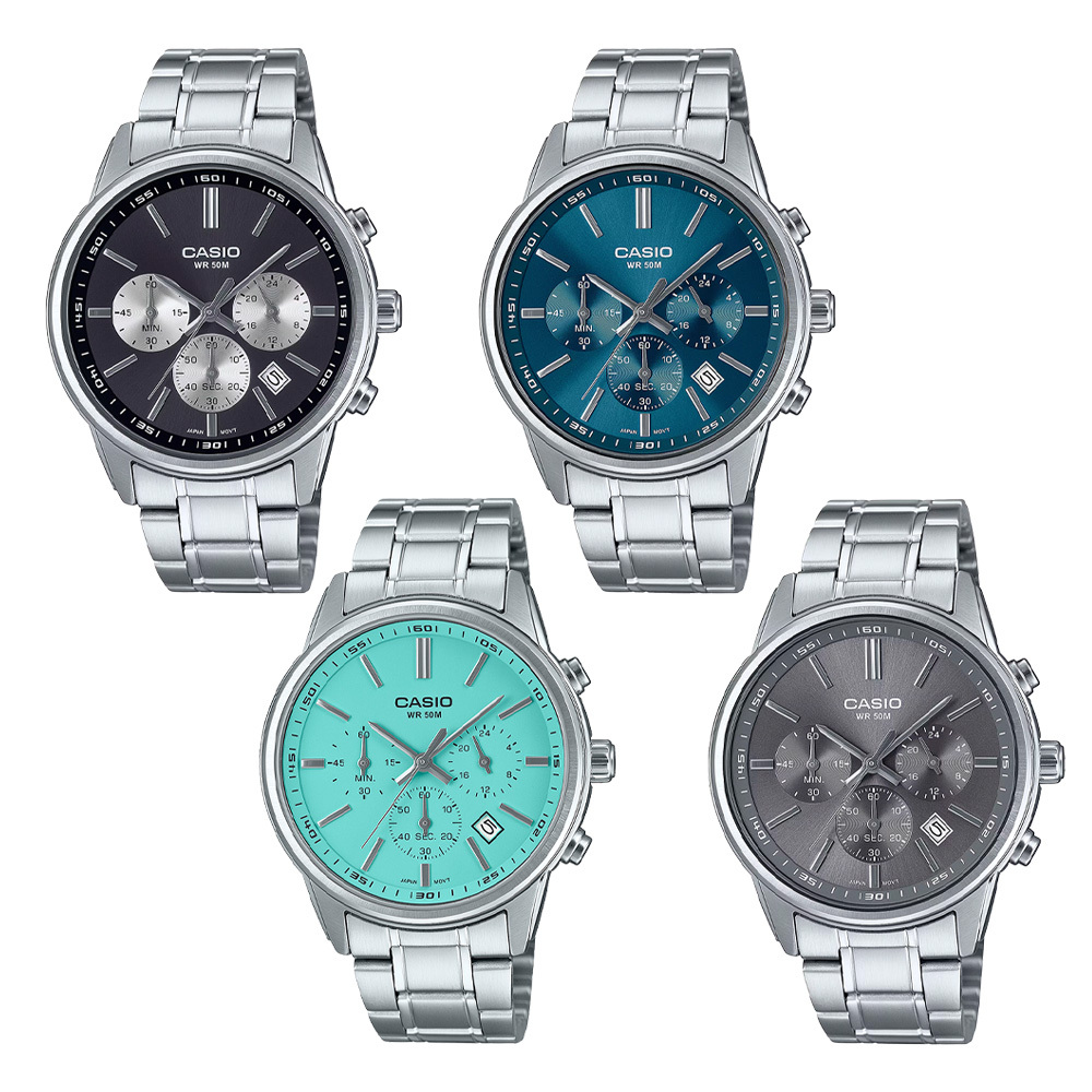 【CASIO 卡西歐】MTP-E515D 三針三眼 質感金屬 簡約光澤 無字錶盤 運動型計時碼錶 日期 不鏽鋼 手錶