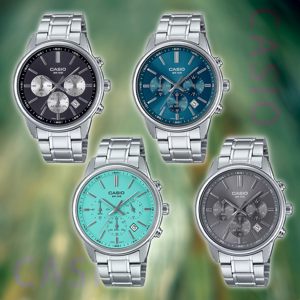 【CASIO 卡西歐】MTP-E515D 三針三眼 質感金屬 簡約光澤 無字錶盤 運動型計時碼錶 日期 不鏽鋼 手錶