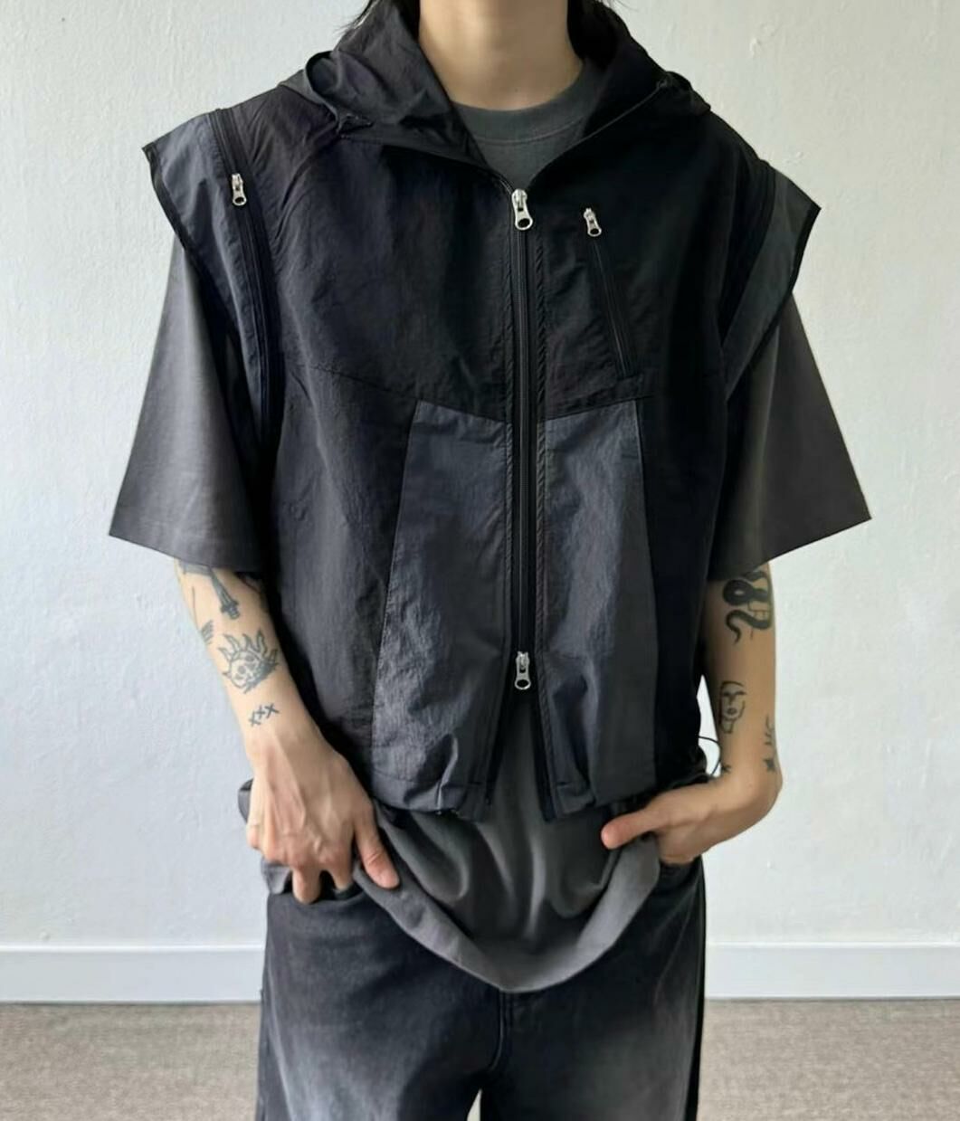 拼色企領拉鍊短身背心褸 V1044