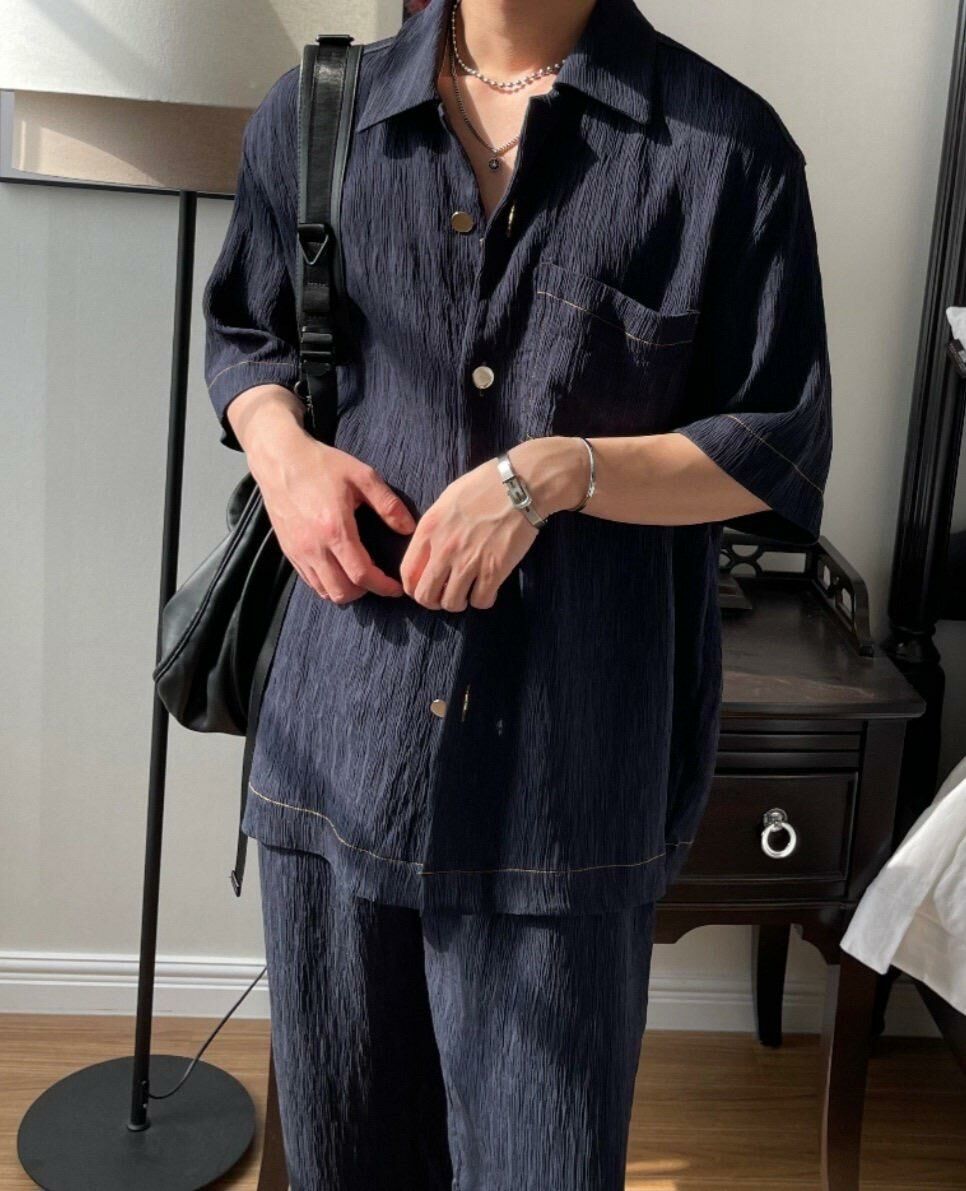 淨色暗紋短袖恤衫 MALENKII-075S