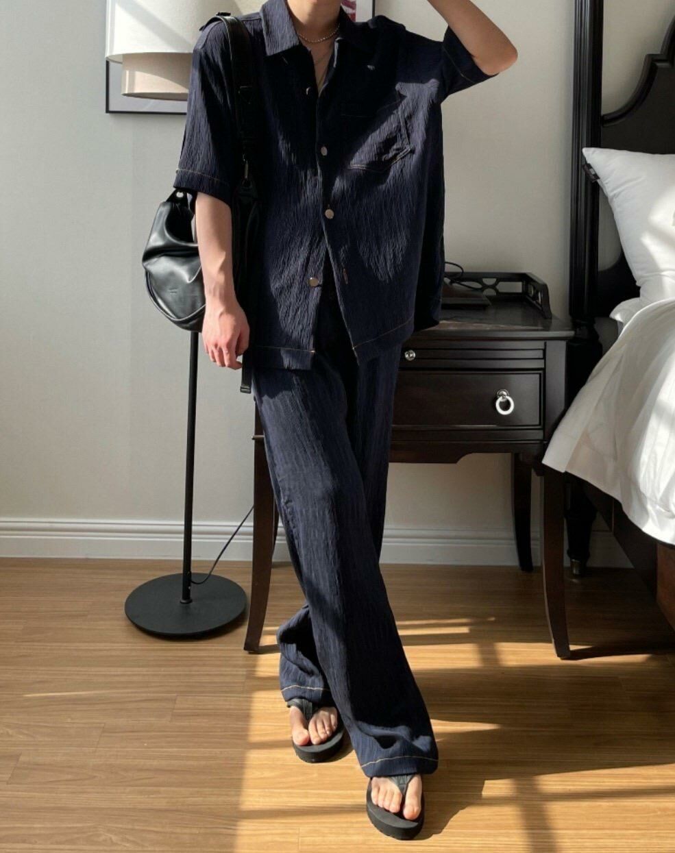 淨色暗紋可束腳鬆身褲 MALENKII-074P