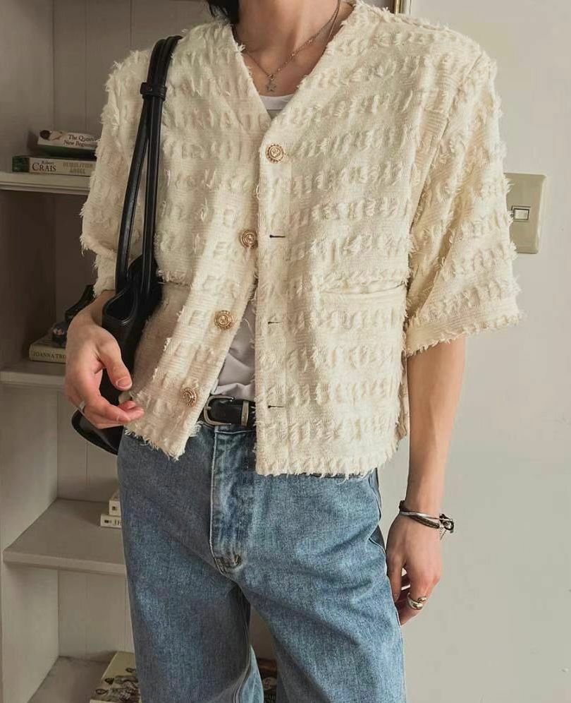 淨色暗紋短袖開胸外套 taptaptap-035JK