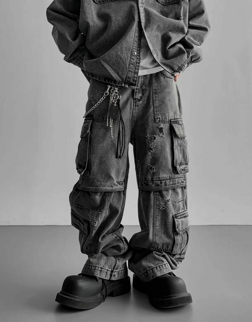 洗水破洞工裝鬆身牛仔褲 taptaptap-030P