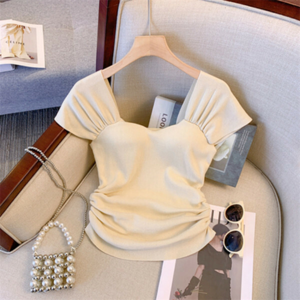 Tight square neck shoulder short sleeve t (apricot) (size: S/M/L) (contact customer service to confirm size after placing an order)】