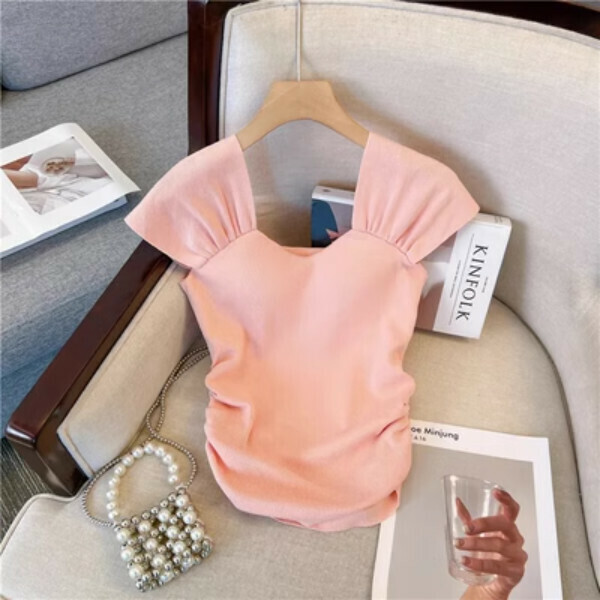 Tight square neck shoulder short sleeve t (pink) (size: S/M/L) (contact customer service to confirm size after placing an order)】
