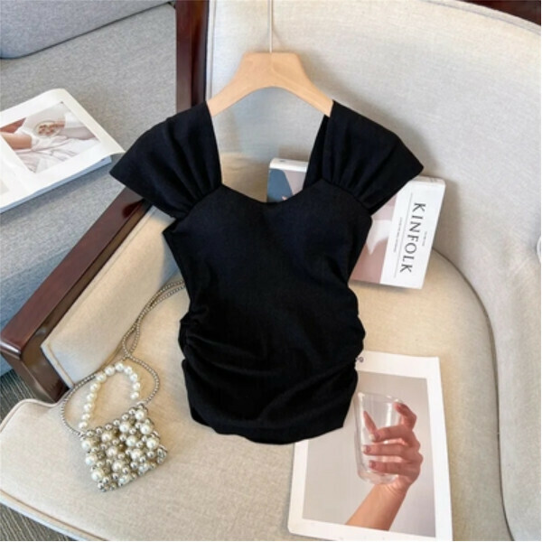 Tight square neck shoulder short sleeve t (black) (size: S/M/L) (contact customer service to confirm the size after placing an order)】