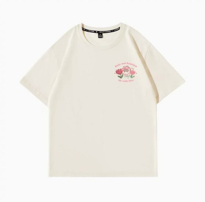 Summer Short Sleeve T-Shirt Top (Beige Cream Imprint Powder S-2XL) (Contact customer service to confirm shipping size after placing an order)】