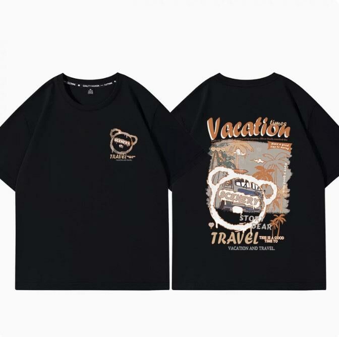 Casual Loose Short Sleeve T-Shirt (Black Beach Resort S-2XL) (Contact customer service to confirm the shipping size after placing an order)】