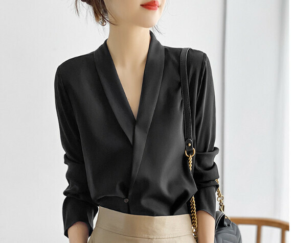 Simple V-neck long-sleeved shirt women's spring and autumn (black [size S_3XL] (contact customer service to confirm the shipping size after placing an order)】