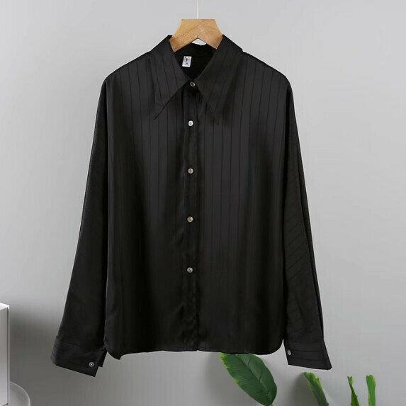 Striped Long-sleeved Shirt Women's Spring and Autumn (Black [S_L size] (contact customer service to confirm the shipping size after placing an order)】