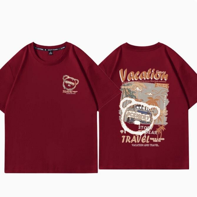 Casual Loose Short Sleeve T-Shirt (Burgundy Beach Resort S-2XL Size) (Contact customer service to confirm the shipping size after placing an order)】