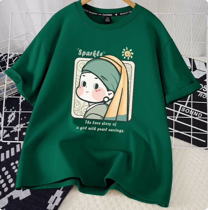 Casual loose short-sleeved T-shirt (dark green pearl earrings for girls S-2XL size) (contact customer service to confirm the shipping size after placing an order)】