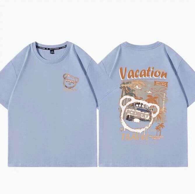 Casual Loose Short Sleeve T-Shirt (Lake Blue Beach Resort S-2XL Size) (Contact customer service to confirm the shipping size after placing an order)】