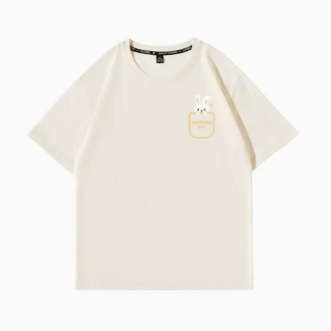 Summer Short Sleeve T-Shirt Top (Beige Pocket Rabbit White S-2XL Size) (Contact customer service to confirm the shipping size after placing an order)】