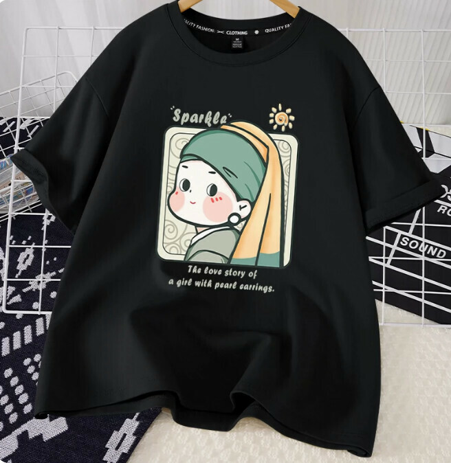 Casual Loose Short Sleeve T-Shirt (Black Pearl Earrings Girl S-2XL) (Contact customer service to confirm shipping size after placing an order)】