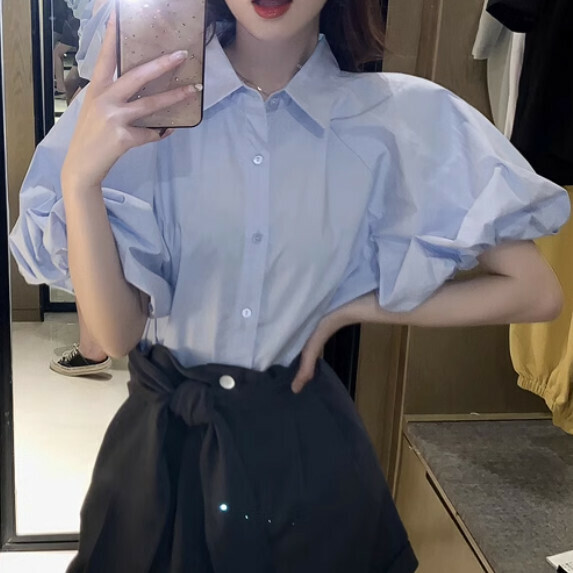 Temperament short-sleeved shirt women's summer (blue [size S_L] (contact customer service to confirm the shipping size after placing an order)】