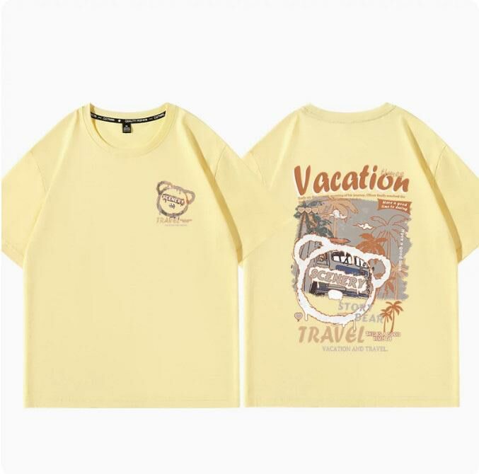 Casual loose short-sleeved T-shirt (cream yellow beach vacation S-2XL size) (contact customer service to confirm the shipping size after placing an order)】