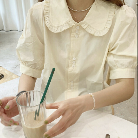 Puff sleeve shirt short sleeve women's summer (cream yellow [size S_XL] (contact customer service to confirm the shipping size after placing an order)】