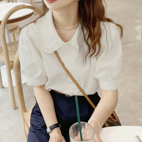 Puff Sleeve Shirt Short Sleeve Women's Summer (White [S_XL size] (contact customer service to confirm the shipping size after placing an order)】