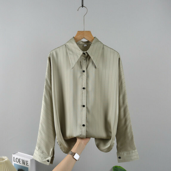 Striped Long-sleeved Shirt Women's Spring and Autumn (Green [S_L size] (contact customer service to confirm the shipping size after placing an order)】