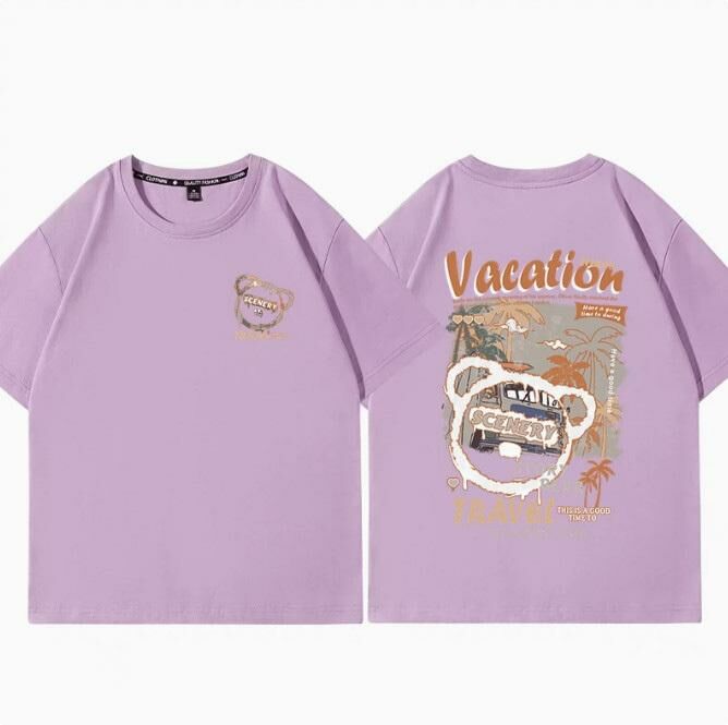 Casual loose short-sleeved T-shirt (taro purple seaside vacation S-2XL size) (contact customer service to confirm the shipping size after placing an order)】
