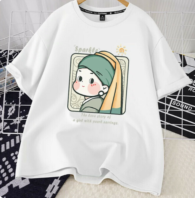 Casual Loose Short Sleeve T-Shirt (White Pearl Earrings Girls S-2XL) (Contact customer service to confirm the shipping size after placing an order)】