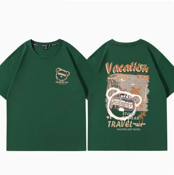Casual Loose Short Sleeve T-Shirt (Dark Green Beach Resort S-2XL Size) (Contact customer service to confirm the shipping size after placing an order)】