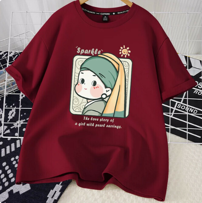 Casual Loose Short Sleeve T-Shirt (Burgundy Pearl Earrings Girl S-2XL Size) (Contact customer service to confirm the shipping size after placing an order)】