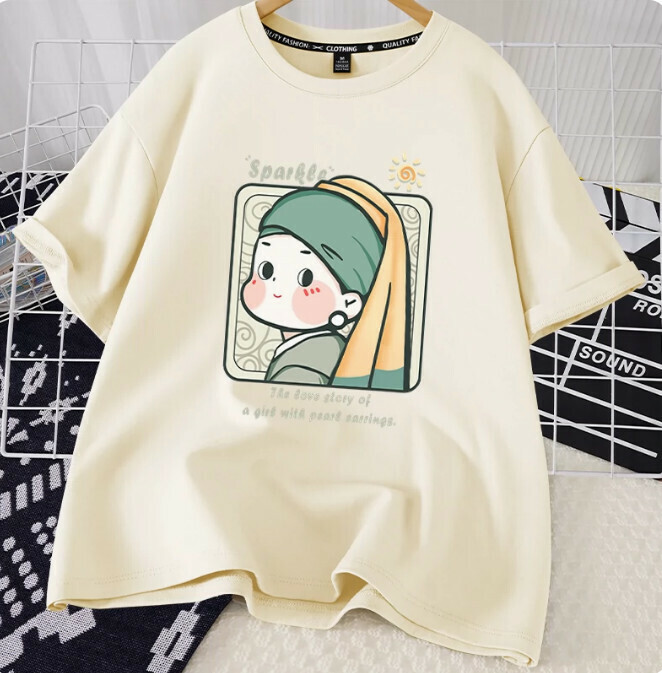 Casual Loose Short Sleeve T-Shirt (Beige Pearl Earrings Girl S-2XL Size) (Contact customer service to confirm the shipping size after placing an order)】