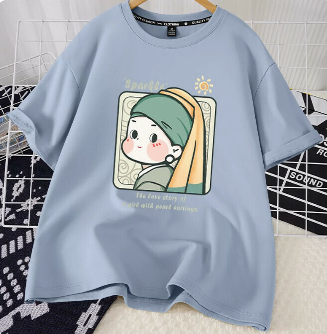 Casual loose short-sleeved T-shirt (lake blue pearl earrings girl S-2XL size) (contact customer service to confirm the shipping size after placing an order)】