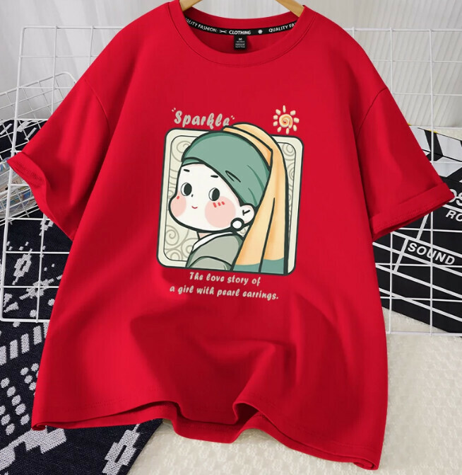 Casual Loose Short Sleeve T-Shirt (Red Pearl Earrings Girl S-2XL) (Contact customer service to confirm the shipping size after placing an order)】
