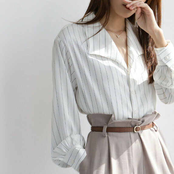 Chiffon striped shirt women's long-sleeved spring and autumn (white [size S_XL] (contact customer service to confirm the shipping size after placing an order)】