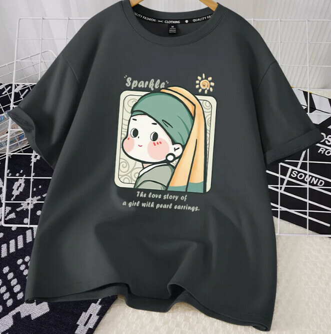 Casual Loose Short Sleeve T-Shirt (Quiet Gray Pearl Earrings Girl S-2XL Size) (Contact customer service to confirm the shipping size after placing an order)】