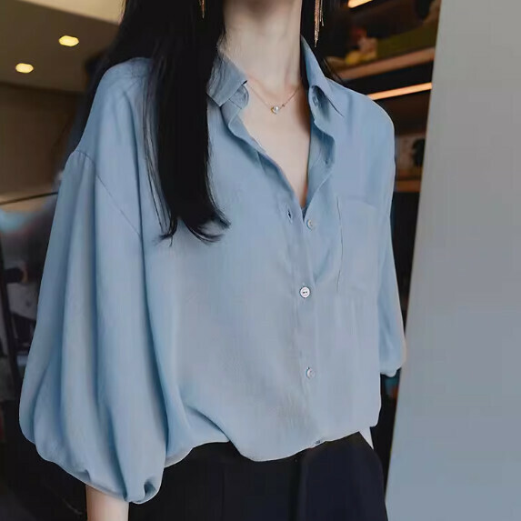 Lantern five-quarter sleeve shirt women's summer (light blue [size S_XL] (contact customer service to confirm the shipping size after placing an order)】