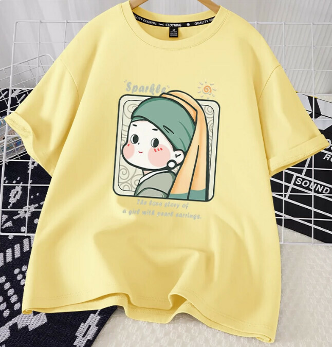 Casual loose short-sleeved T-shirt (cream yellow pearl earrings for girls S-2XL) (contact customer service to confirm the shipping size after placing an order)】