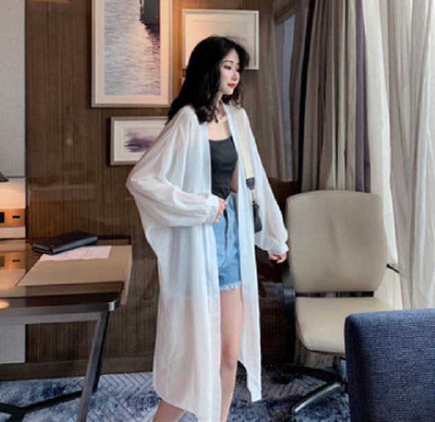 Long chiffon cardigan jacket (white) (size: one size)】