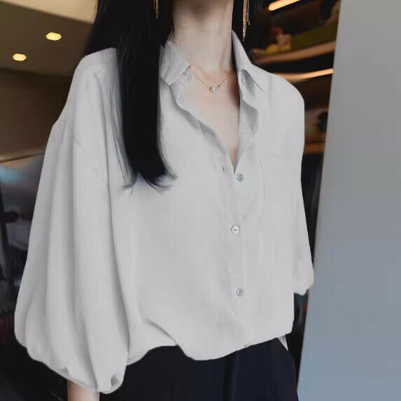 Lantern five-quarter sleeve shirt women's summer (white [size S_XL] (contact customer service to confirm the shipping size after placing an order)】