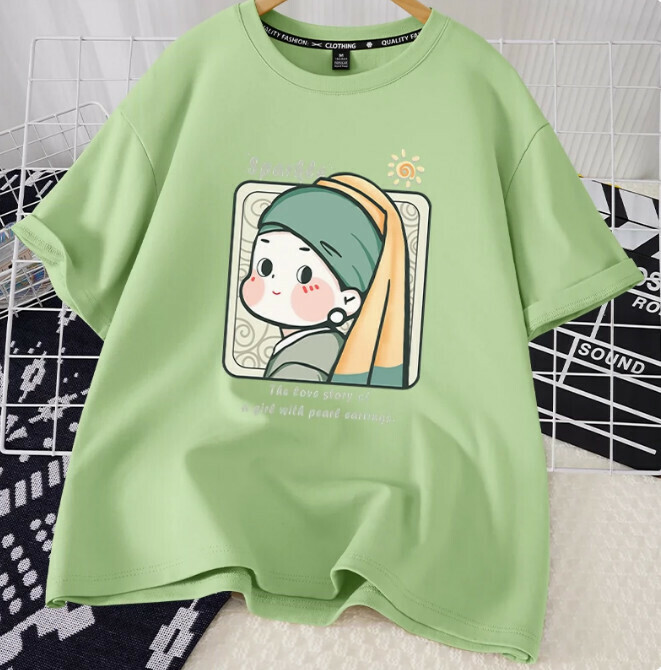 Casual Loose Short Sleeve T-Shirt (Fruit Green Pearl Earrings Girl S-2XL Size) (Contact customer service to confirm the shipping size after placing an order)】