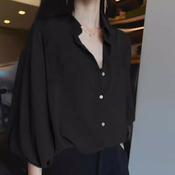 Lantern three-quarter sleeve shirt women's summer (black [size S_XL] (contact customer service to confirm the shipping size after placing an order)]