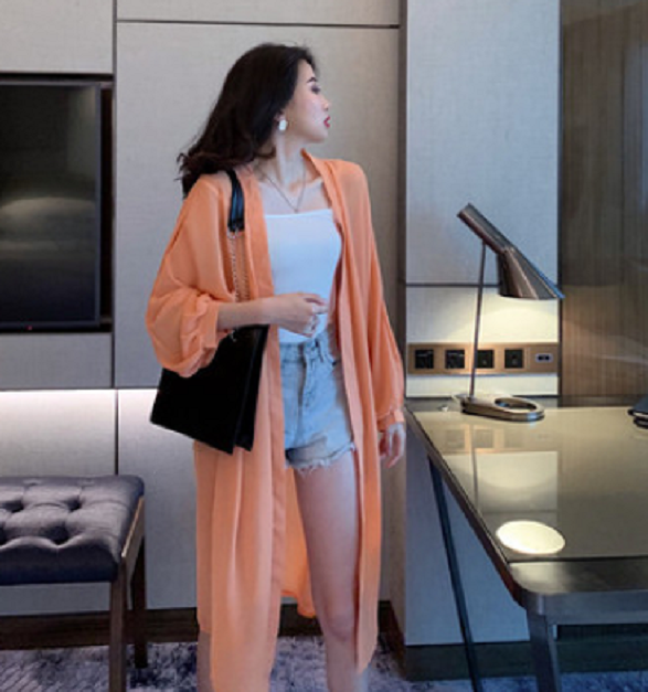 Long chiffon cardigan jacket (orange) (size: one size)】