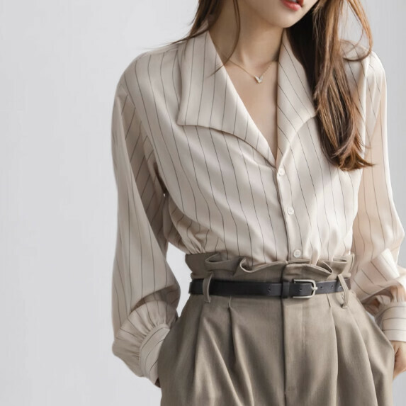 Chiffon striped shirt women's long-sleeved spring and autumn (apricot [size S_XL] (contact customer service to confirm the shipping size after placing an order)】
