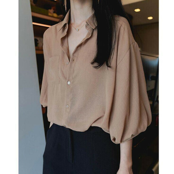 Lantern five-quarter sleeve shirt women's summer (khaki [size S_XL] (contact customer service to confirm the shipping size after placing an order)】