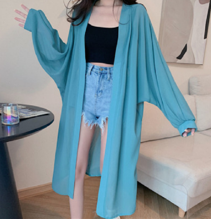 Long chiffon cardigan jacket (blue) (size: one size)】