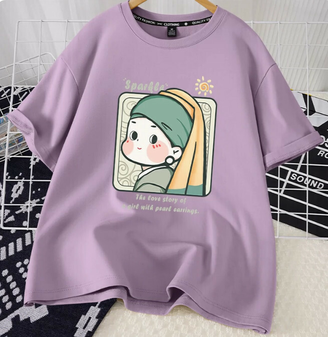 Casual loose short-sleeved T-shirt (taro purple pearl earrings girl S-2XL size) (contact customer service to confirm the shipping size after placing an order)】