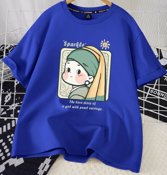 Casual Loose Short Sleeve T-Shirt (Royal Blue Pearl Earrings Girl S-2XL) (Contact customer service to confirm the shipping size after placing an order)】