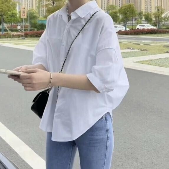 Five-Quarter Sleeve Shirt Women's Summer (White [S_XL Size] (Contact Customer Service to Confirm Shipping Size after placing an order)】